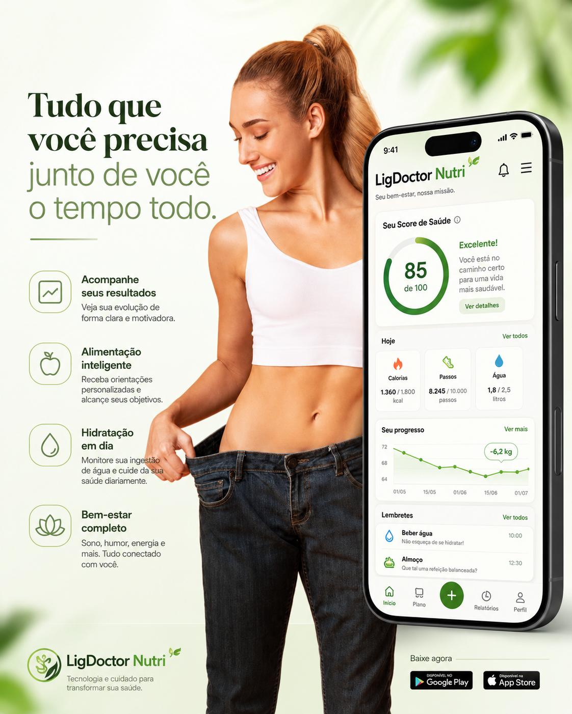 Nutricionista com todas as funcionalidades do app LigDoctor Nutri